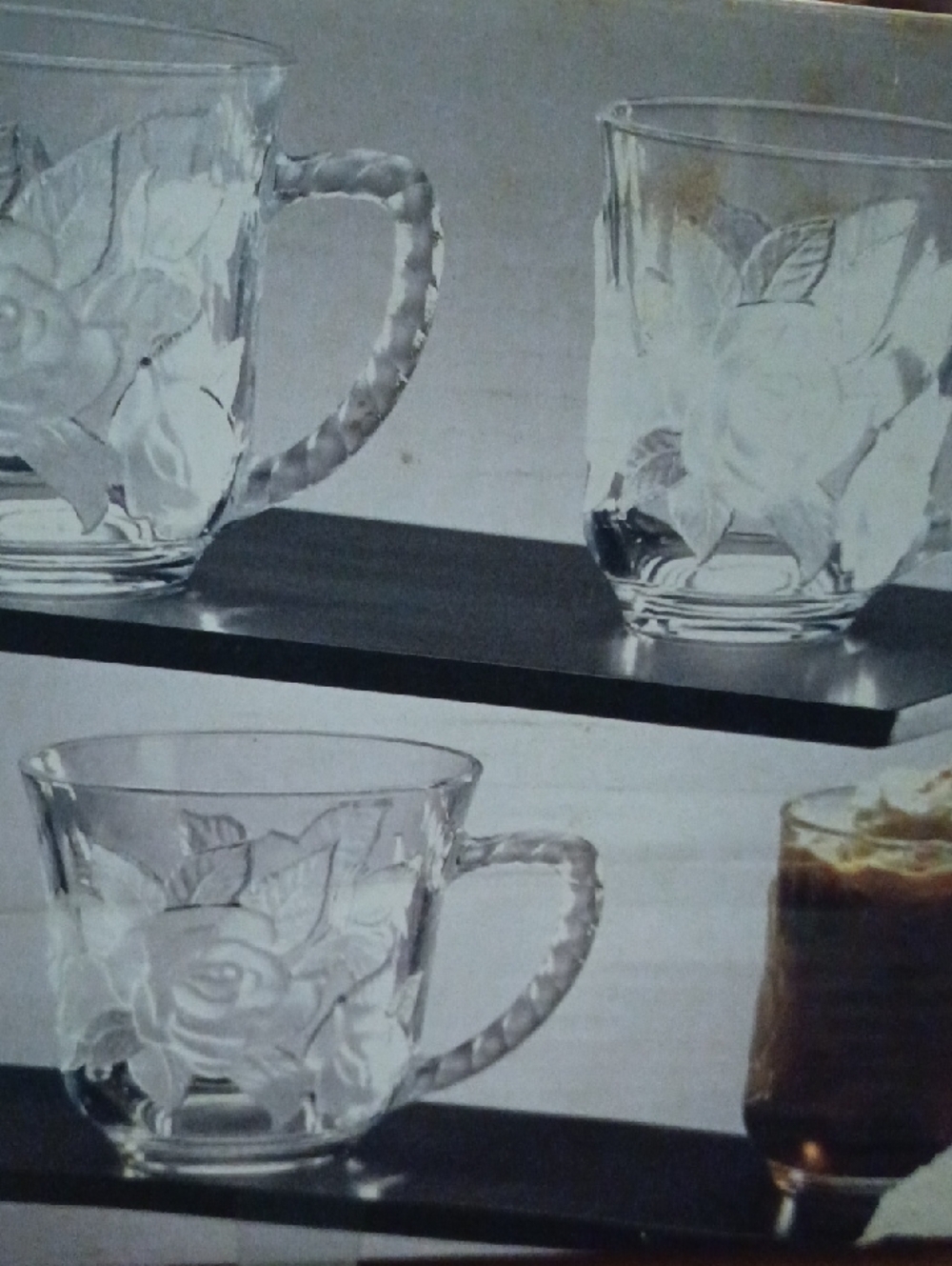 Etched Rose Glass Mugs - Set of Clear Floral Cups